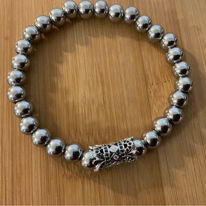 Hand Crafted Silver Beaded Bracelet Pave Stretch 7” Unisex Steel Beads